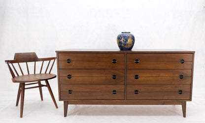 Danish Mid Century Modern 6 Drawers Walnut Double Dresser Credenza Round Pulls