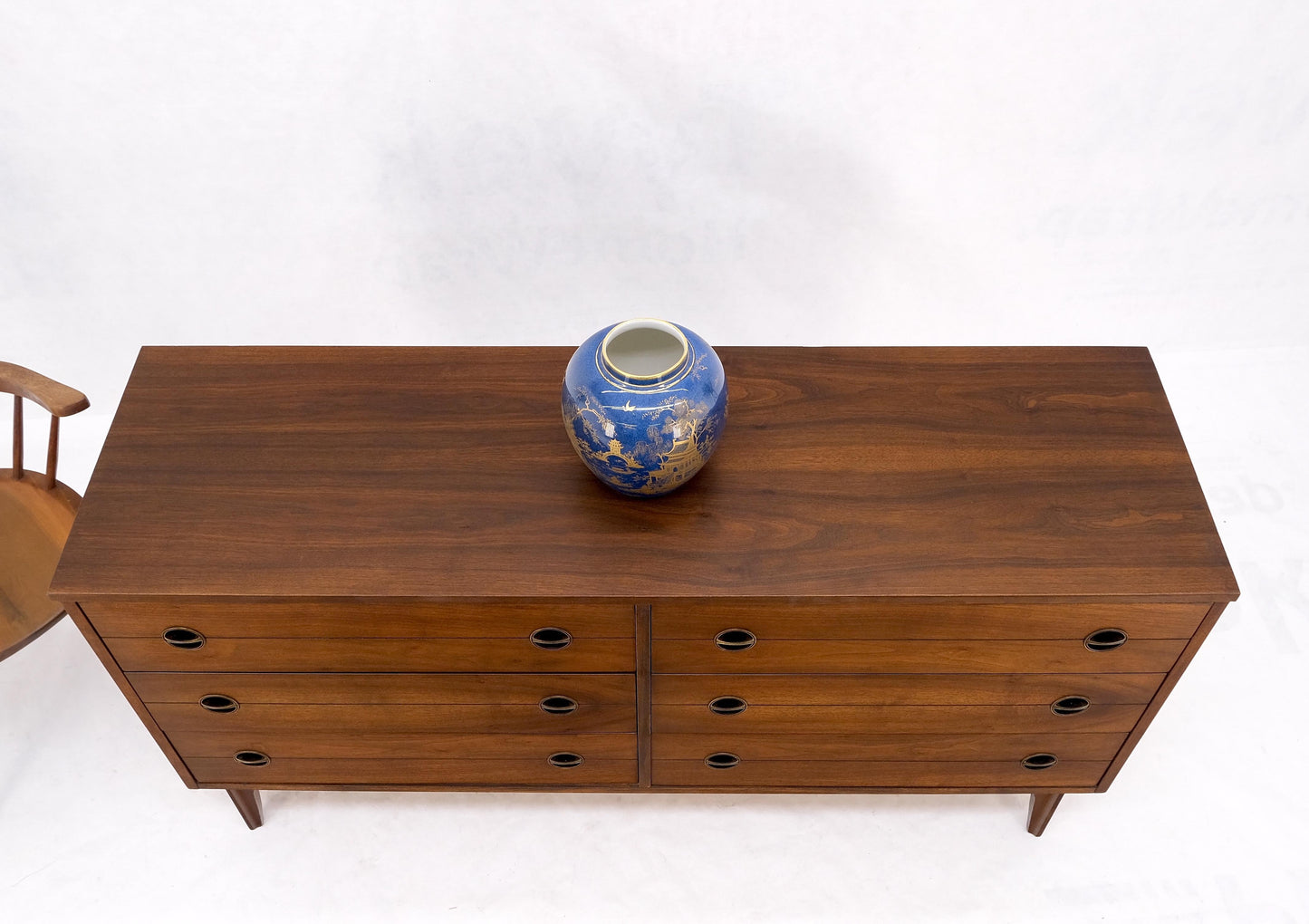 Danish Mid Century Modern 6 Drawers Walnut Double Dresser Credenza Round Pulls