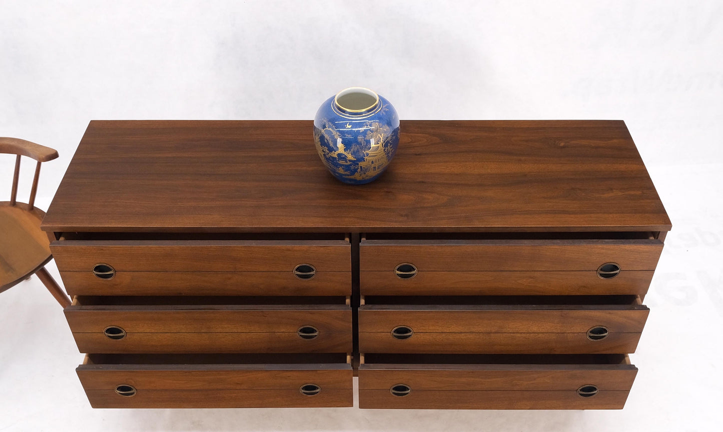 Danish Mid Century Modern 6 Drawers Walnut Double Dresser Credenza Round Pulls