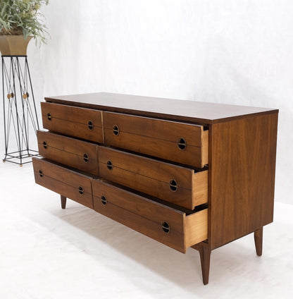 Danish Mid Century Modern 6 Drawers Walnut Double Dresser Credenza Round Pulls