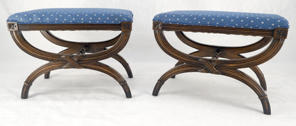 Pair of Carved Regency Style Blue Upholstery Benches MINT