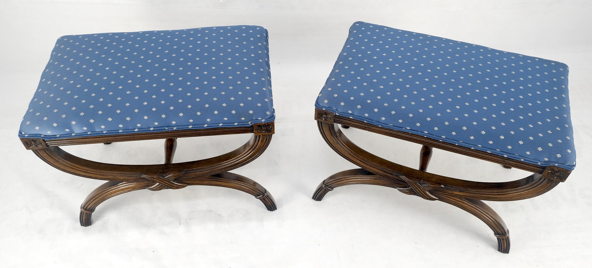 Pair of Carved Regency Style Blue Upholstery Benches MINT