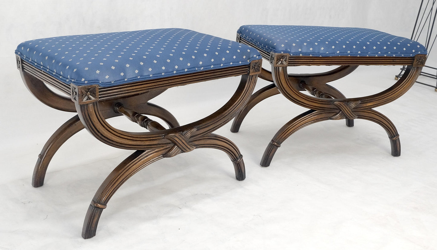 Pair of Carved Regency Style Blue Upholstery Benches MINT