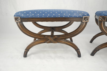 Pair of Carved Regency Style Blue Upholstery Benches MINT