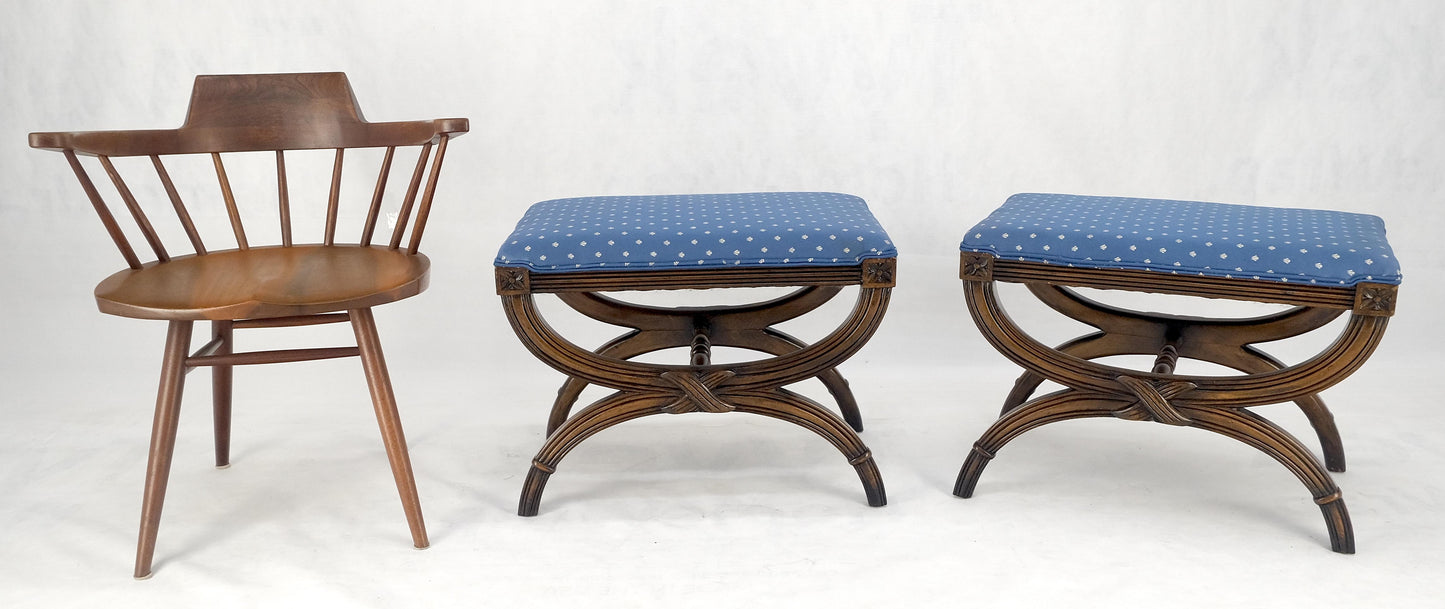 Pair of Carved Regency Style Blue Upholstery Benches MINT