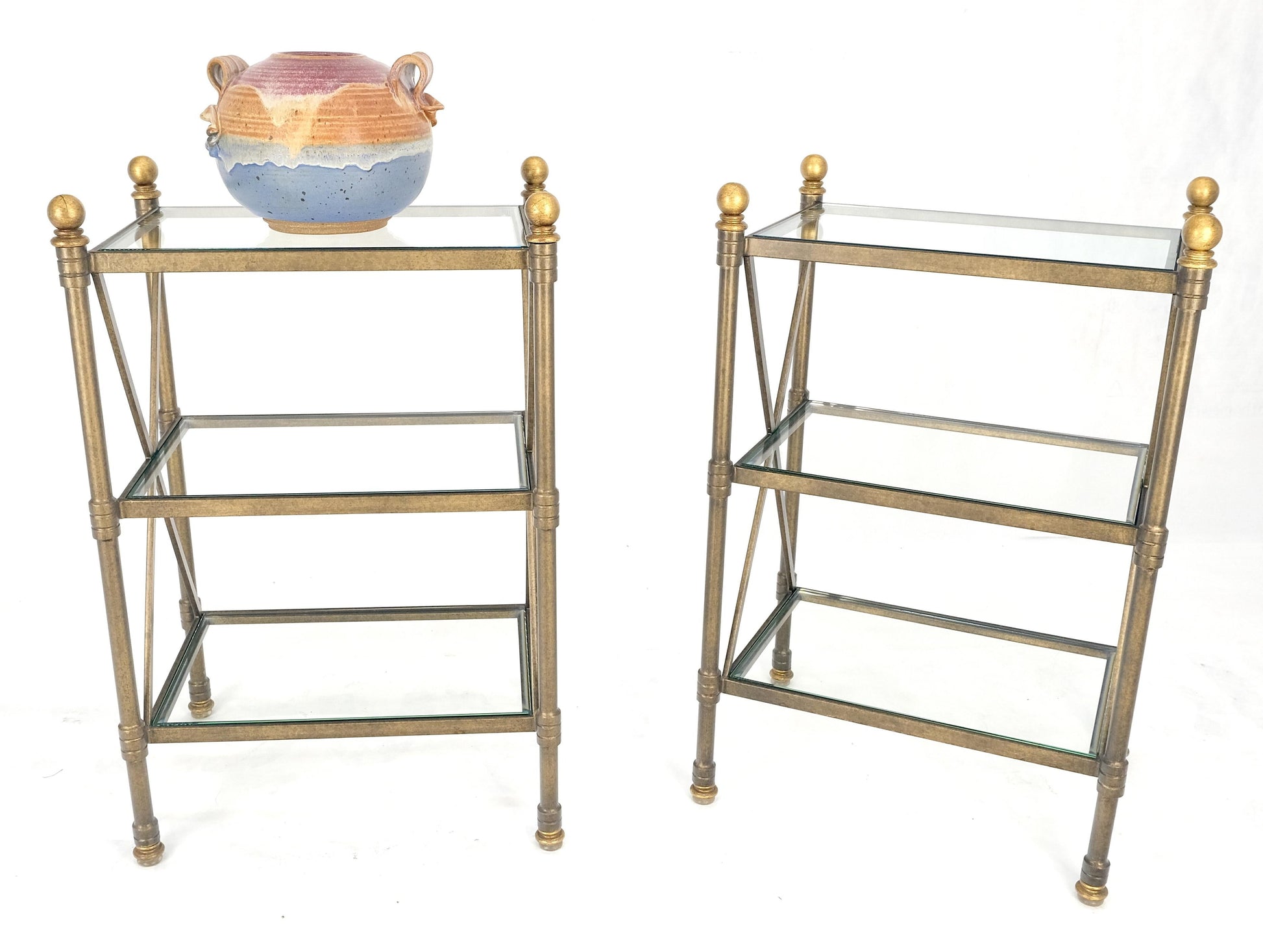 Pair Metal X Base 3 Tier Glass Shelves Ball Finials 12x18 Side End Lamp Tables