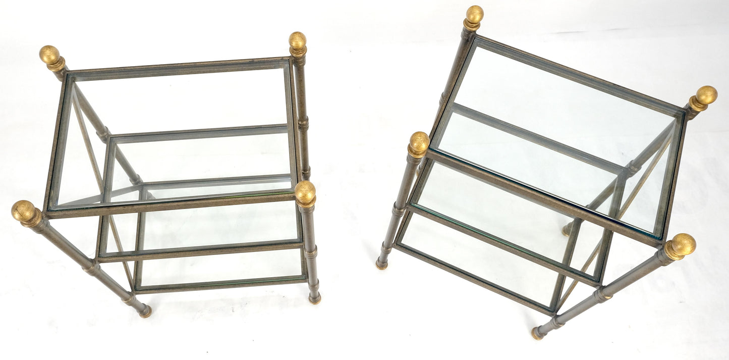 Pair Metal X Base 3 Tier Glass Shelves Ball Finials 12x18 Side End Lamp Tables