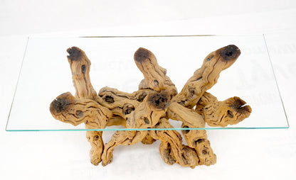 Large Varnished Driftwood Organic Base Rectangle  Glass Top Console Table MINT!