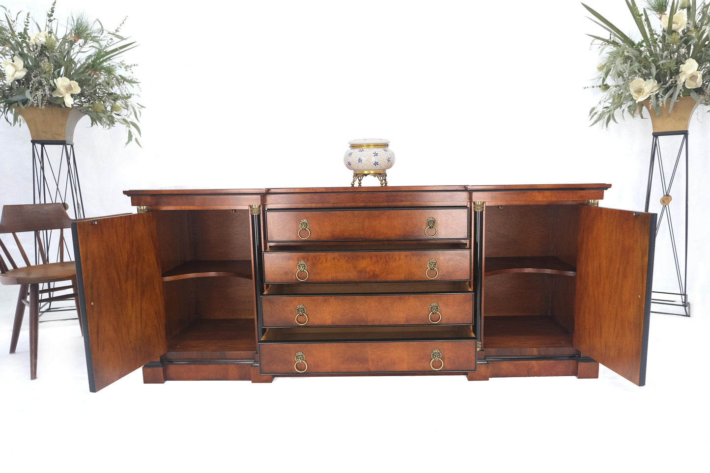 Flame Mahogany Ebonized Columns Bronze Mount Brass Ring Pulls Hardware Sideboard