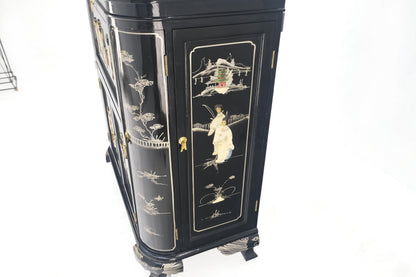 Chinese Oriental Black Lacquer Mother of Pearl Figurine Decorated Liquor Cabinet