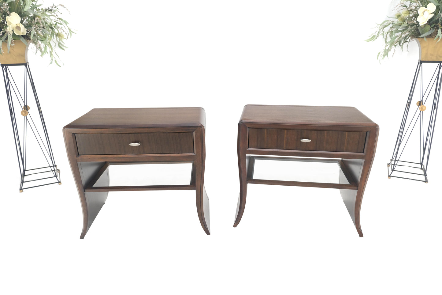 Pair Century Walnut Waterfall Brand New Old Stock Two Tier Night Tables Stands