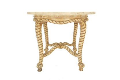 Round Marble Top Carved Wood "Rope & Knots" Legs Base Center Lamp Table Stand