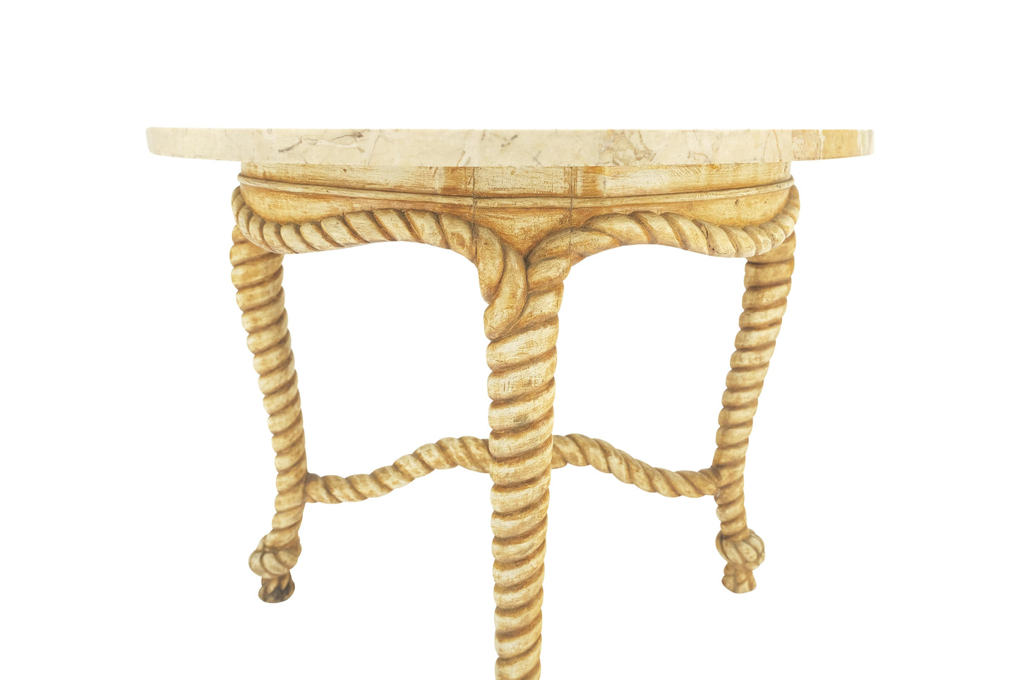 Round Marble Top Carved Wood "Rope & Knots" Legs Base Center Lamp Table Stand