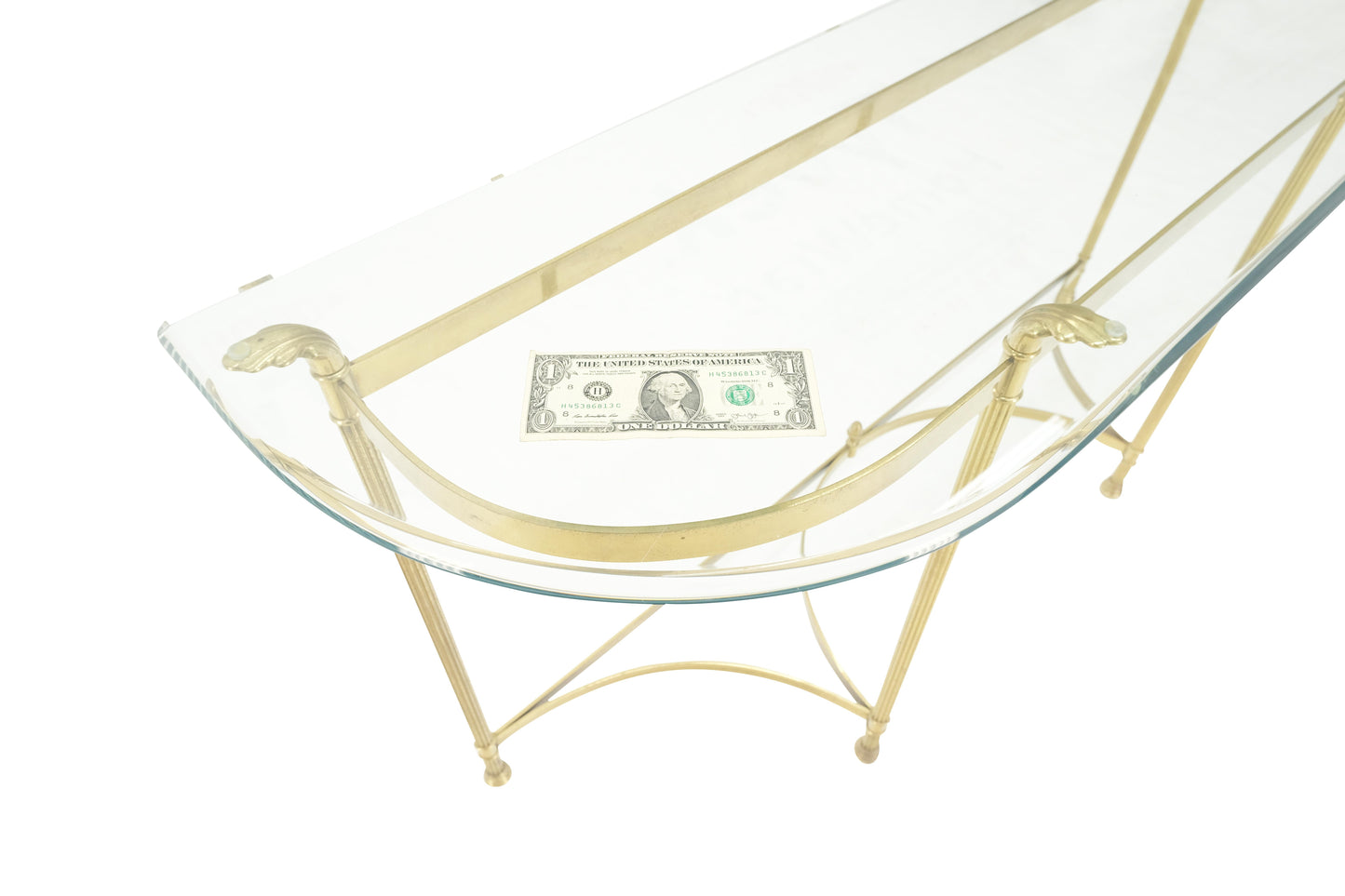 Italian Modern Solid Brass Base Demi Lune Shape Glass Top Console Sofa Table