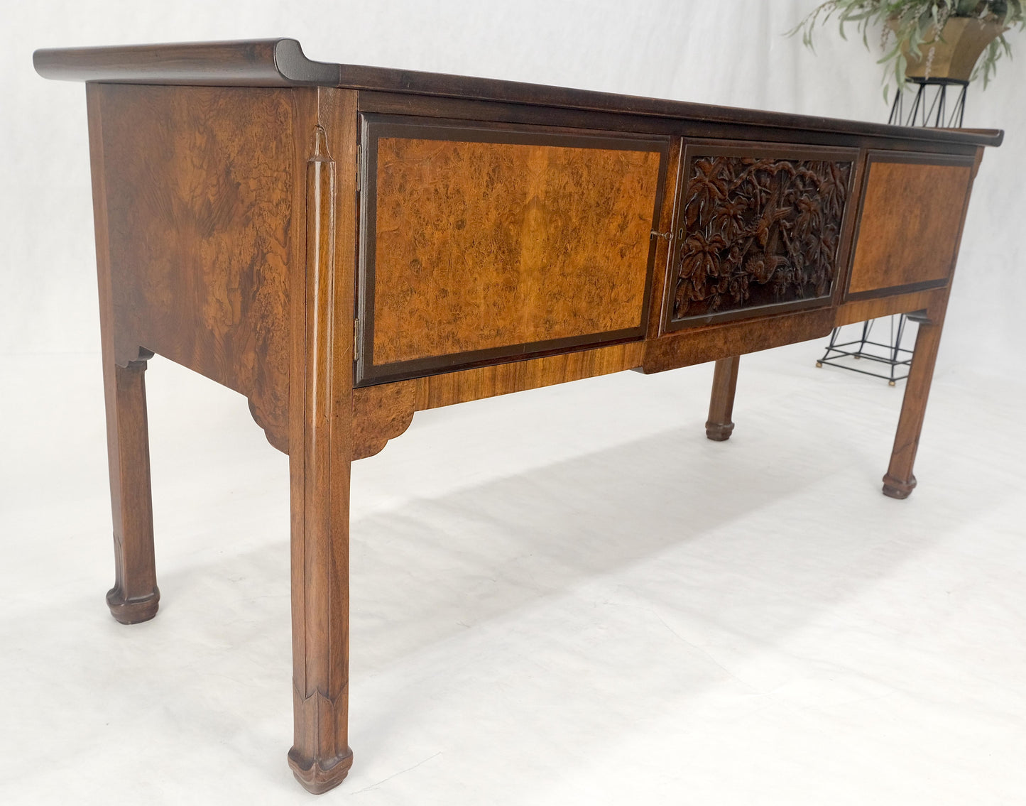 Burl Wood & Carved Solid Rosewood Rolled Edges 3 Door Compartment 72" Sideboard