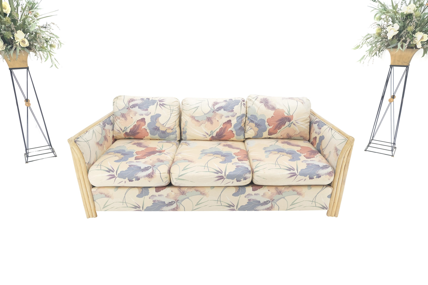 Mid Century Three Seater Bamboo Frame Flowered Upholstery Sofa Couch