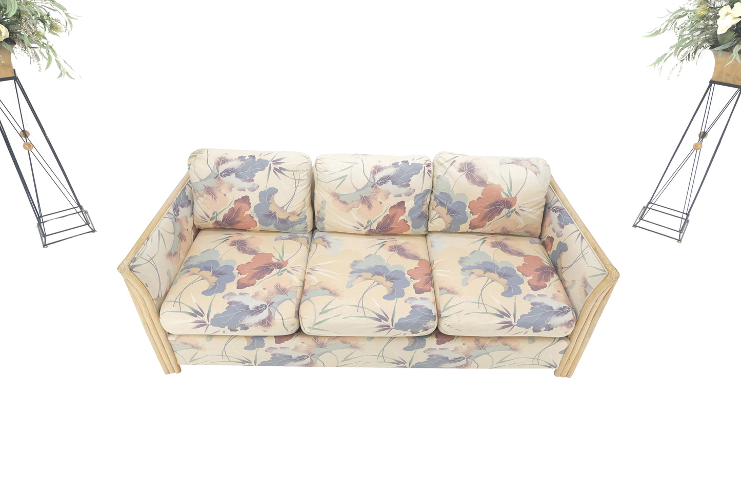 Mid Century Three Seater Bamboo Frame Flowered Upholstery Sofa Couch