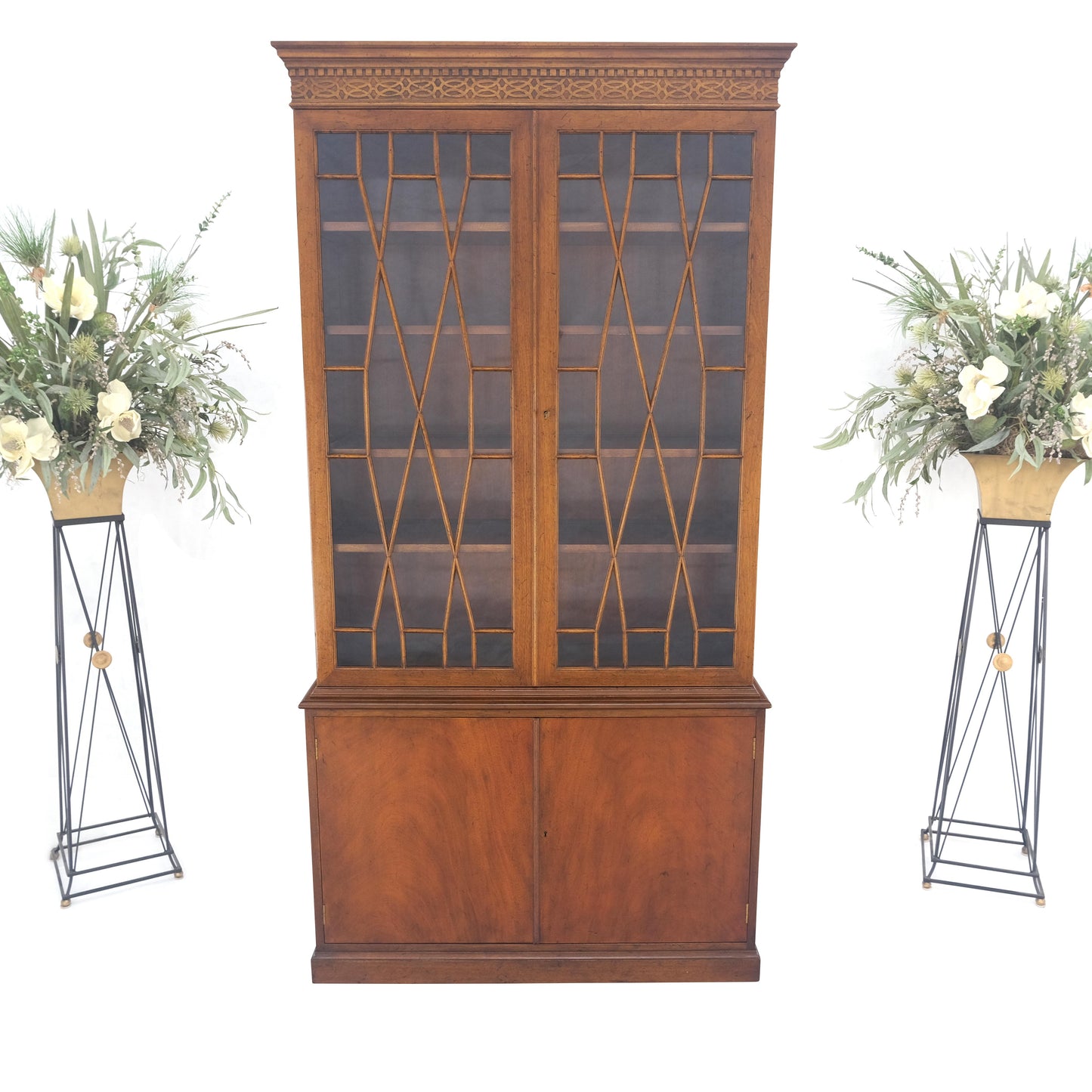 Mahogany Individual Pain Glass Double Door Bookcase Bottom Credenza Cabinet MINT