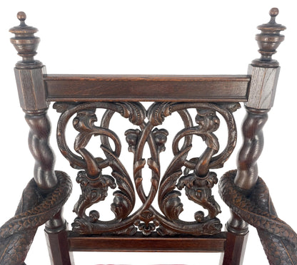 Very Fine Carved Snakes Arms Twisted Legs Finials Antique Gothic  Arm Chair MINT