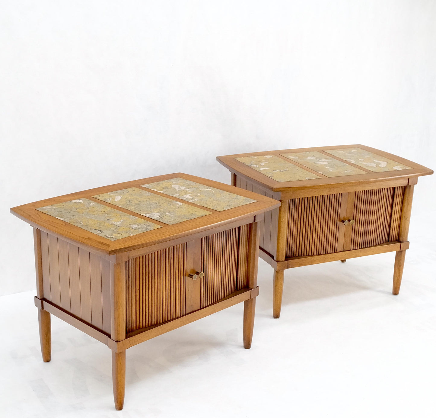 Pair Tomlinson Tambour Door Fossil Marble Top Side End Night Stands Tables Mint!