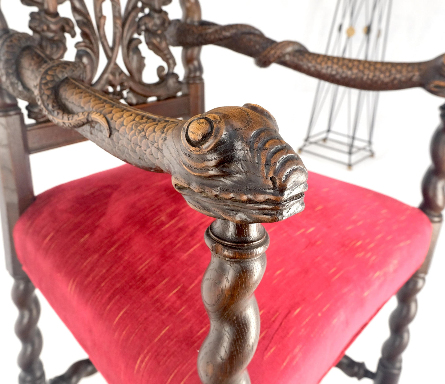 Very Fine Carved Snakes Arms Twisted Legs Finials Antique Gothic  Arm Chair MINT