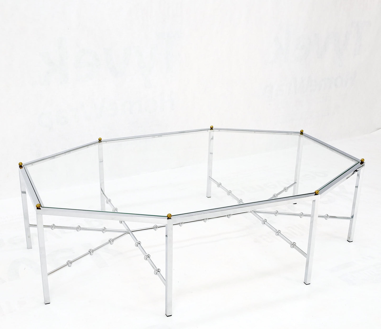 Faux Bamboo Chrome Glass Top Brass Balls Finials Elongated Hexagon Coffee Table