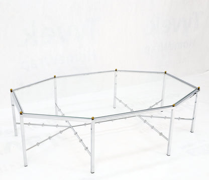 Faux Bamboo Chrome Glass Top Brass Balls Finials Elongated Hexagon Coffee Table