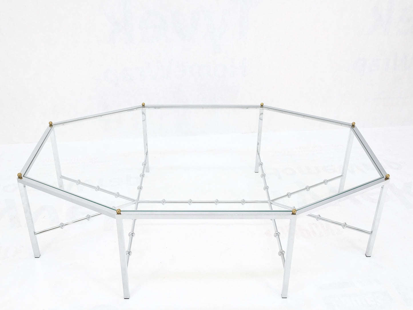 Faux Bamboo Chrome Glass Top Brass Balls Finials Elongated Hexagon Coffee Table