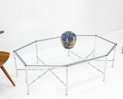 Faux Bamboo Chrome Glass Top Brass Balls Finials Elongated Hexagon Coffee Table