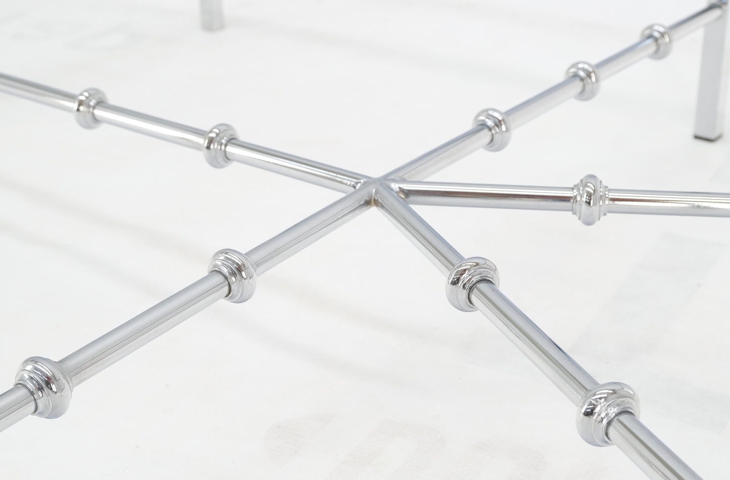 Faux Bamboo Chrome Glass Top Brass Balls Finials Elongated Hexagon Coffee Table