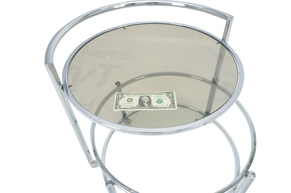 Round Chrome & Smoked Glass Expandable Serving Tea Bar Cart Shepherd Castors