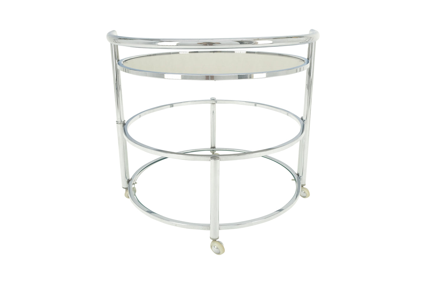 Round Chrome & Smoked Glass Expandable Serving Tea Bar Cart Shepherd Castors