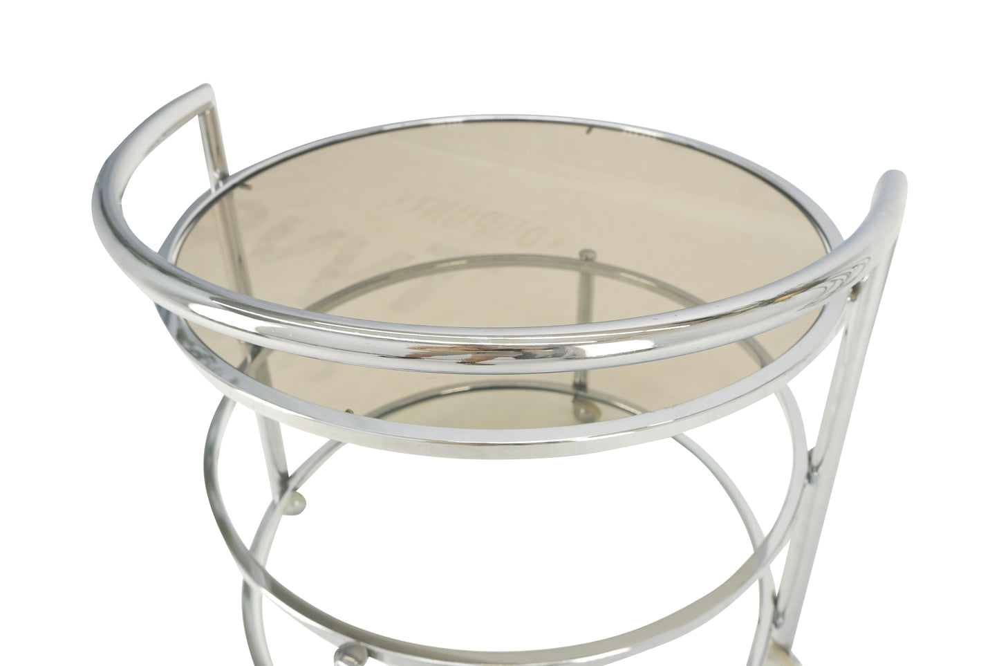 Round Chrome & Smoked Glass Expandable Serving Tea Bar Cart Shepherd Castors