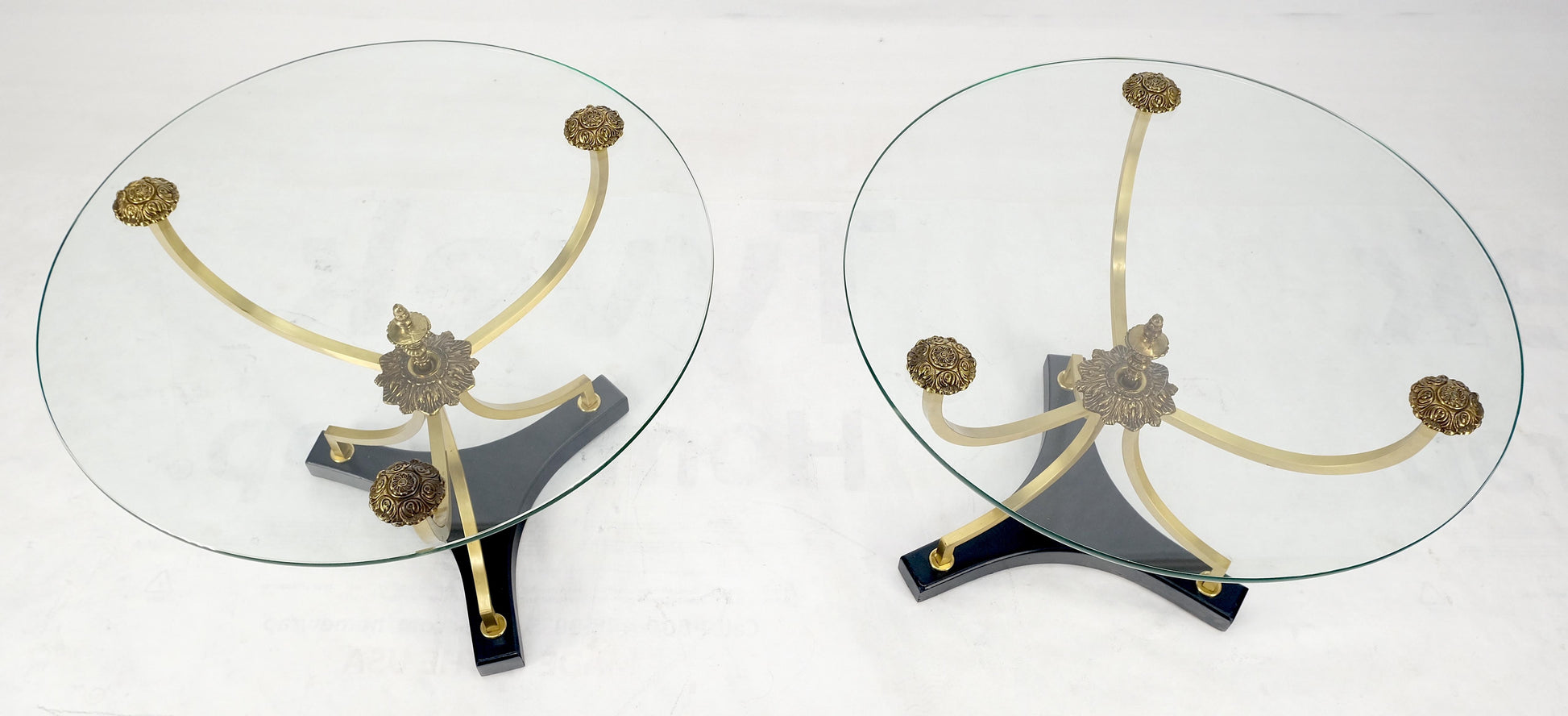 Pair of 22" Round Glass Top Brass Bases End Side Center Tables Stands MINT!