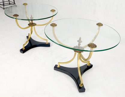 Pair of 22" Round Glass Top Brass Bases End Side Center Tables Stands MINT!