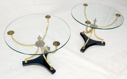 Pair of 22" Round Glass Top Brass Bases End Side Center Tables Stands MINT!