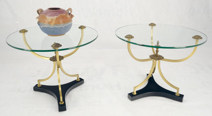 Pair of 22" Round Glass Top Brass Bases End Side Center Tables Stands MINT!