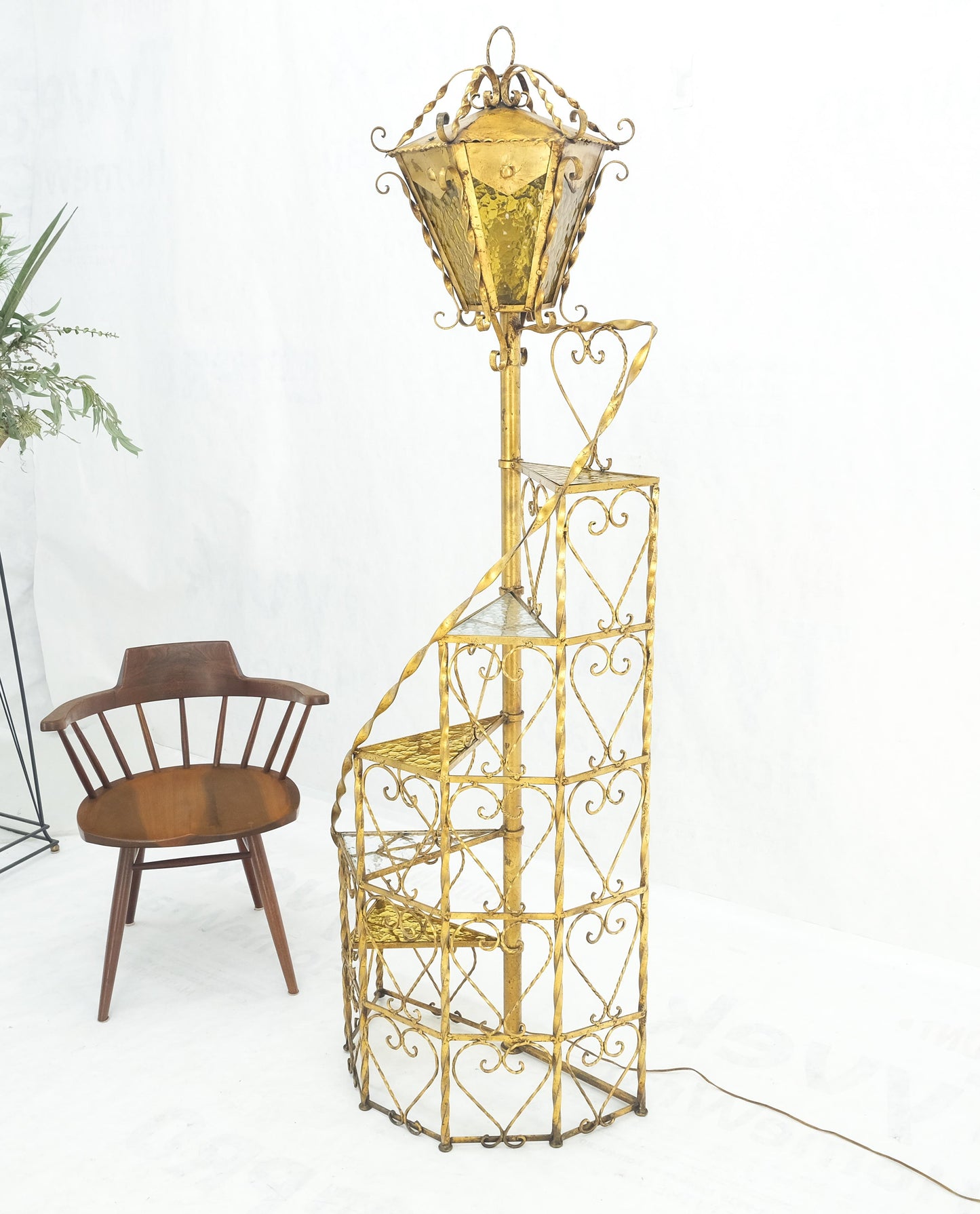 5 tier Gold Gilt Spiral Plant Stand Floor Lamp Lantern Shade Decorative MINT!