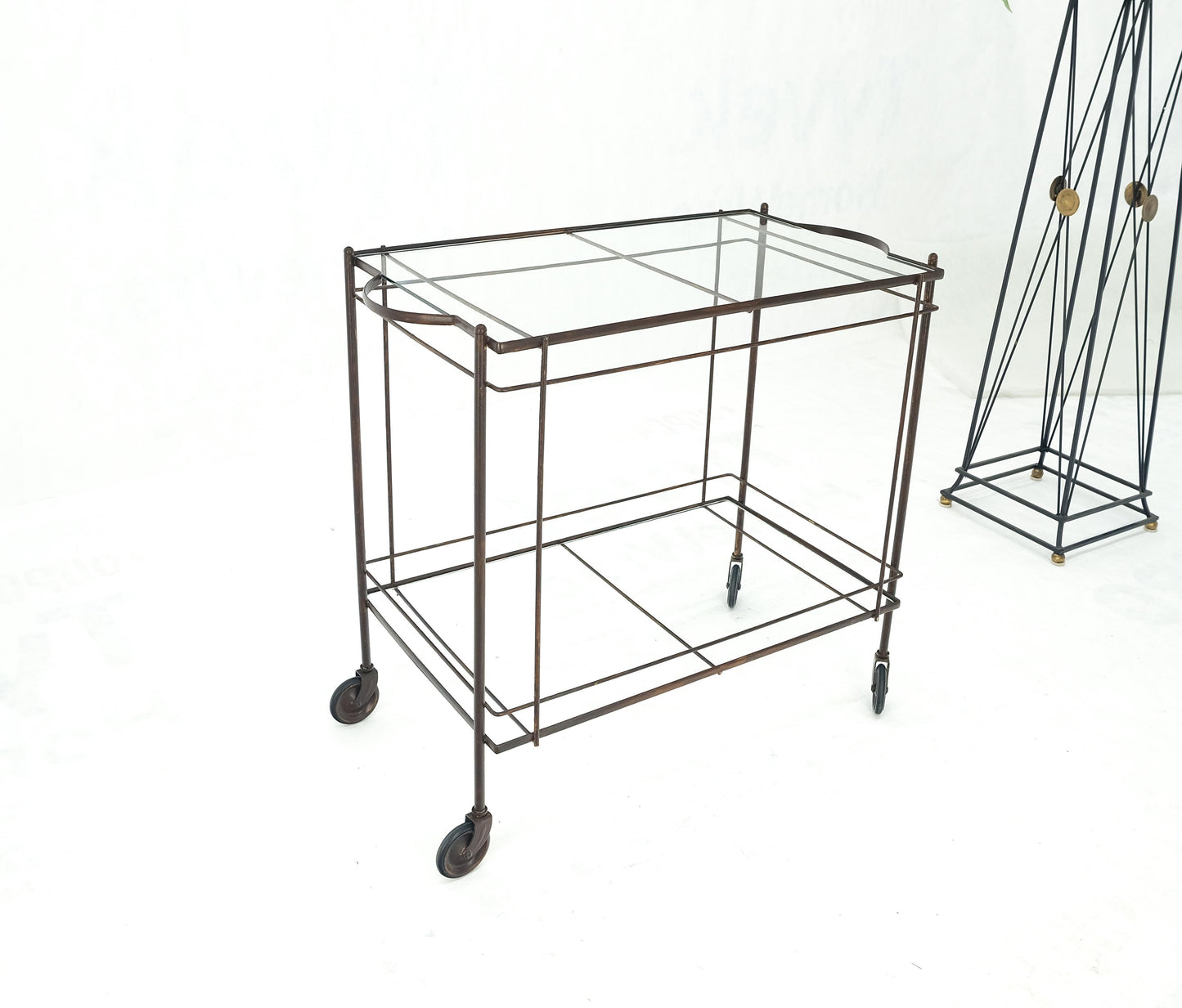 Mid Century Modern c1950s Rolling Brass Two Tier Rectangle Serving Cart Wheels