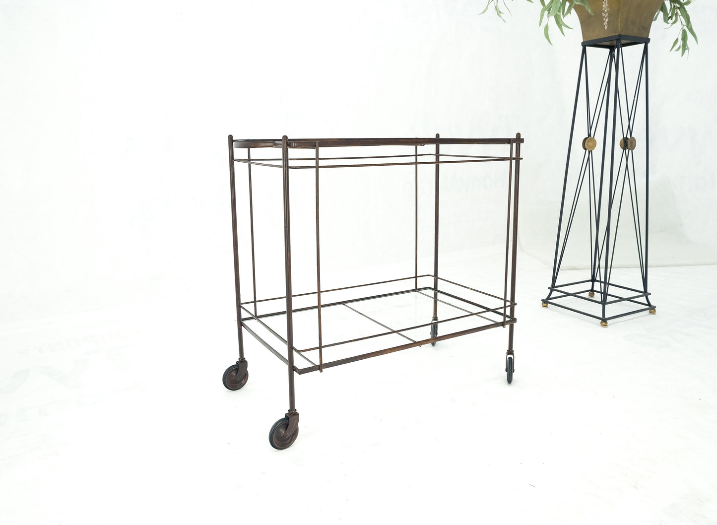 Mid Century Modern c1950s Rolling Brass Two Tier Rectangle Serving Cart Wheels