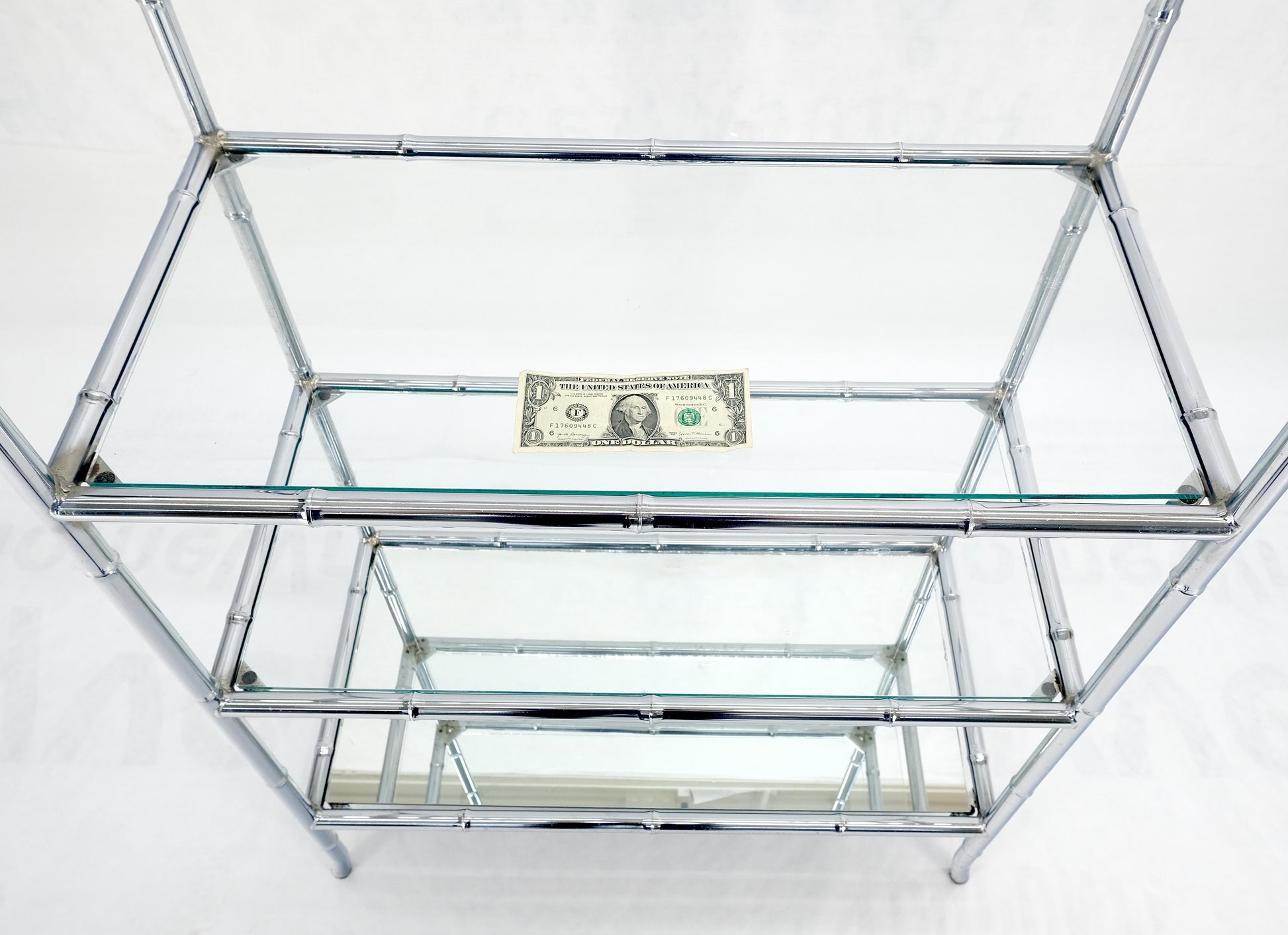 Italian c1970s Faux Bamboo 6 Glass Shelves Chrome Etagere Bookcase MINT