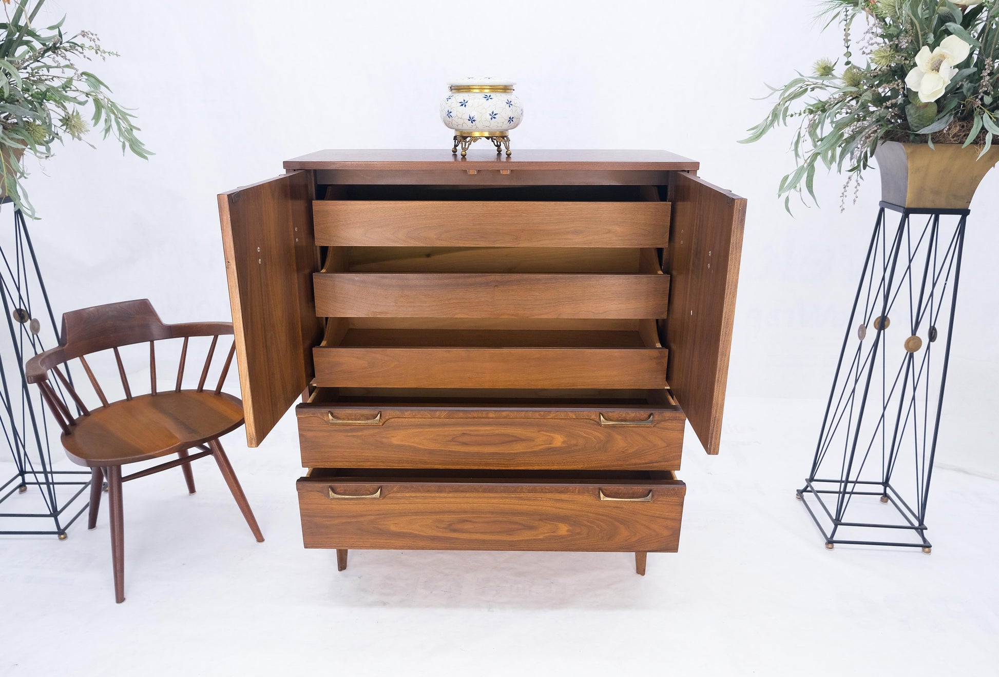 Mid Century 5 Drawer Double Door Compartment Walnut Tall High Chest Dresser MINT