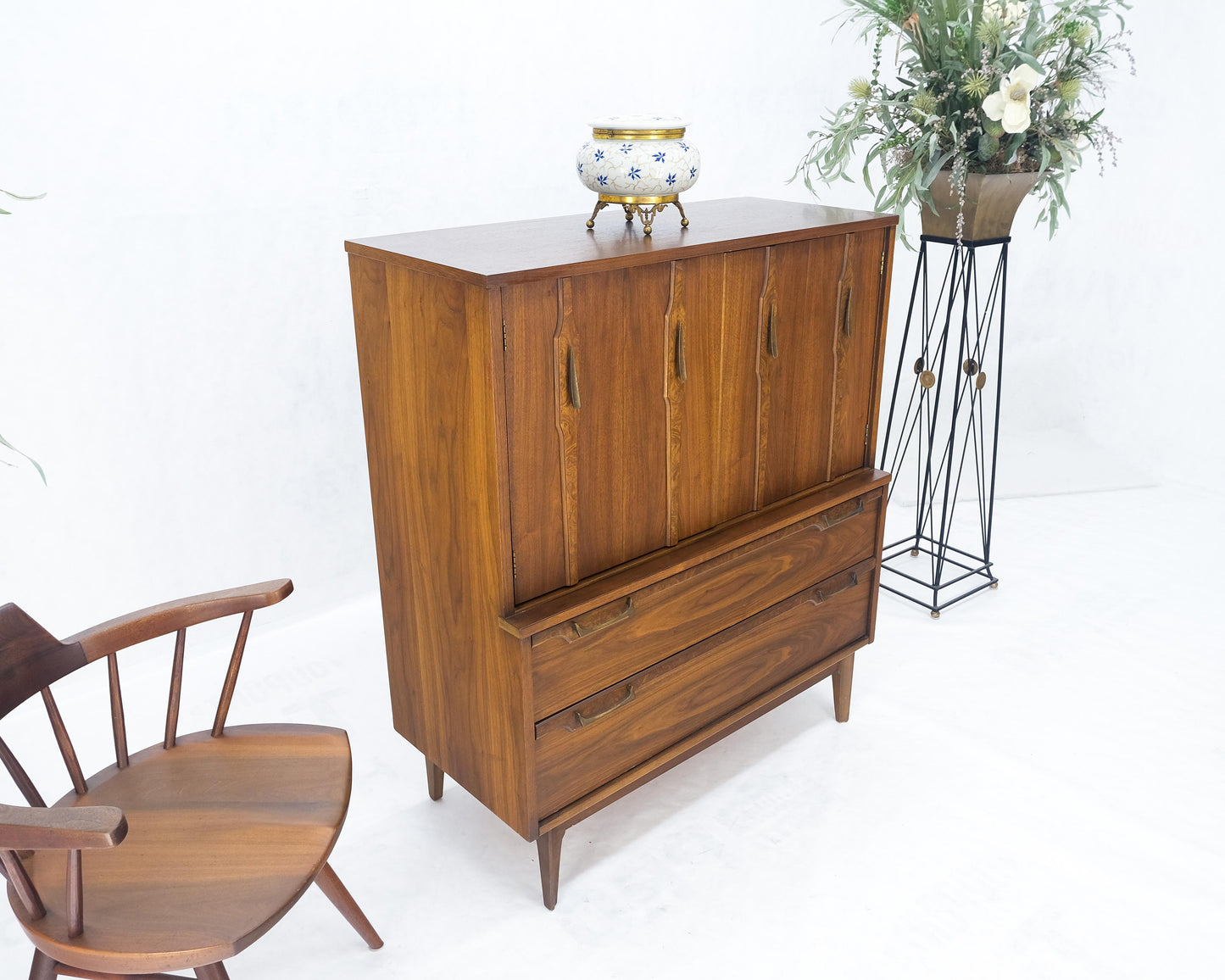 Mid Century 5 Drawer Double Door Compartment Walnut Tall High Chest Dresser MINT