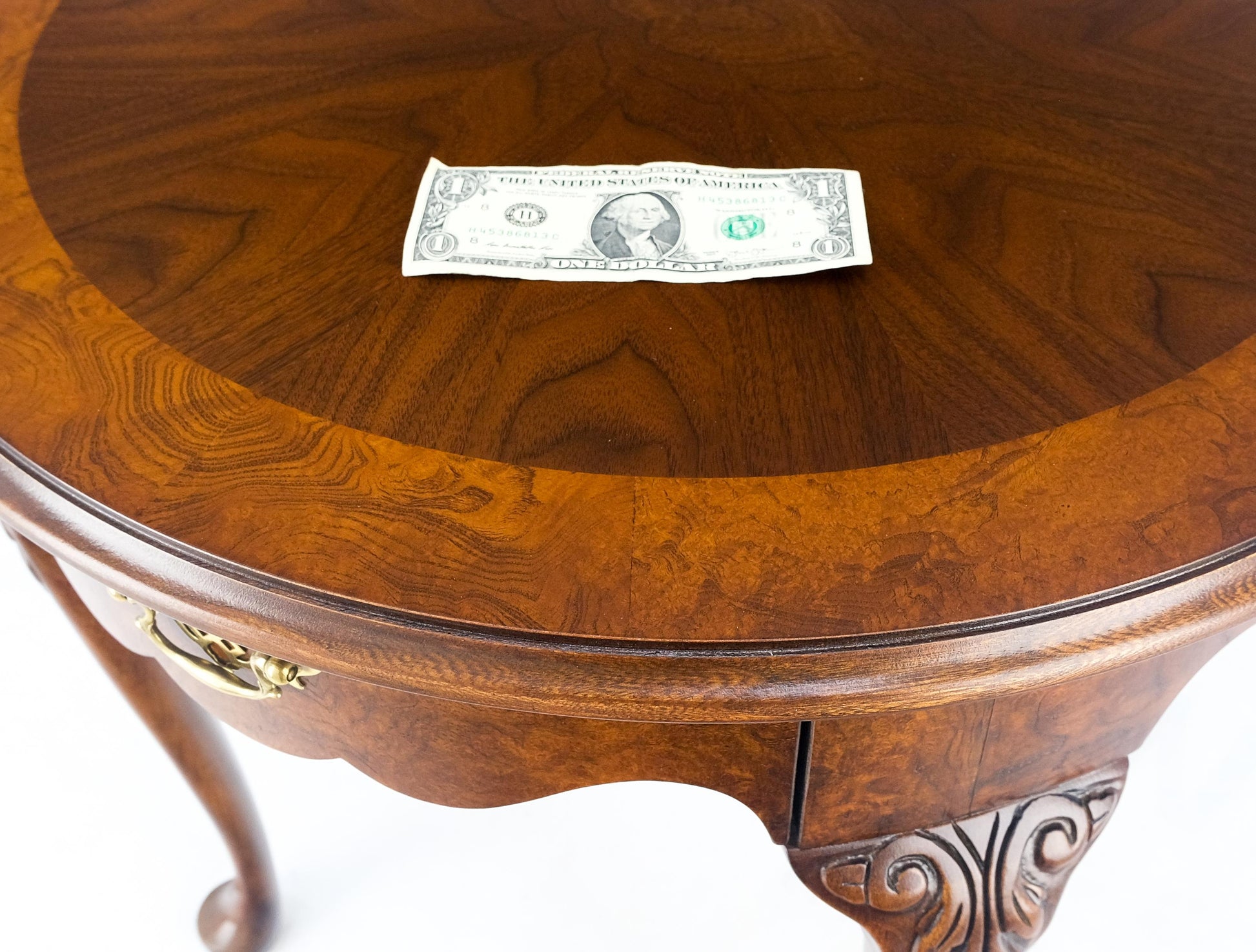 Baker Burl Wood Banded Walnut Carved Legs One Drawer Lamp End Table Stand MINT!