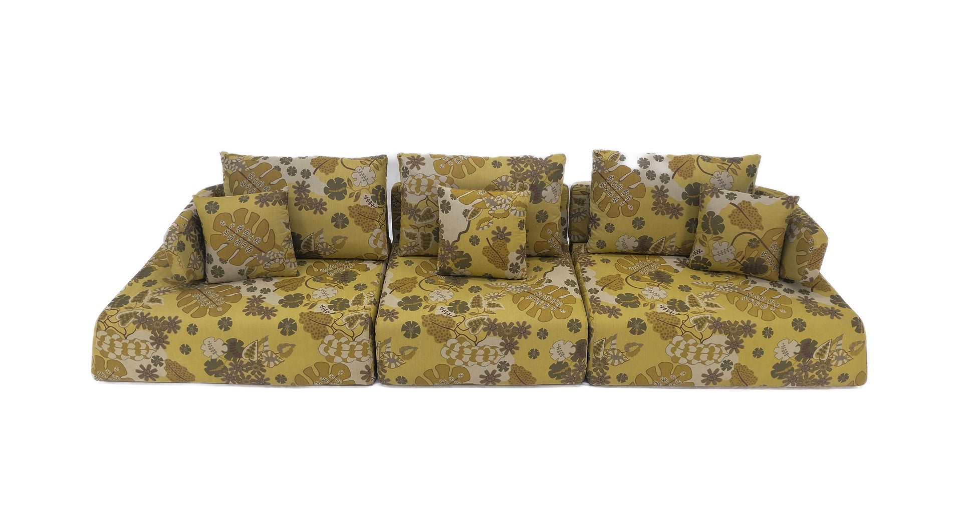 Mid Century Modern Green Floral Pattern Upholstery Low Sitter Sofa on Platform