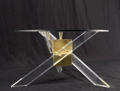 Brass & Lucite Round Glass Top Coffee Occasional Table Clean!