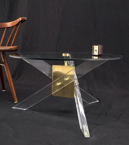 Brass & Lucite Round Glass Top Coffee Occasional Table Clean!