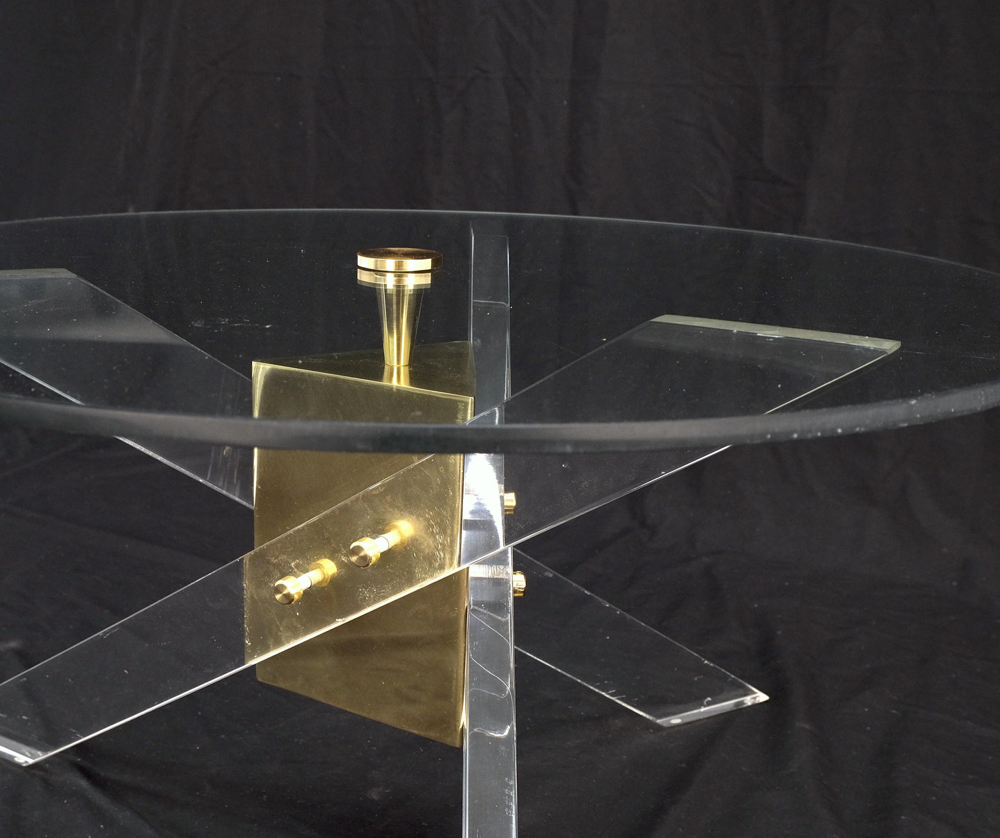 Brass & Lucite Round Glass Top Coffee Occasional Table Clean!