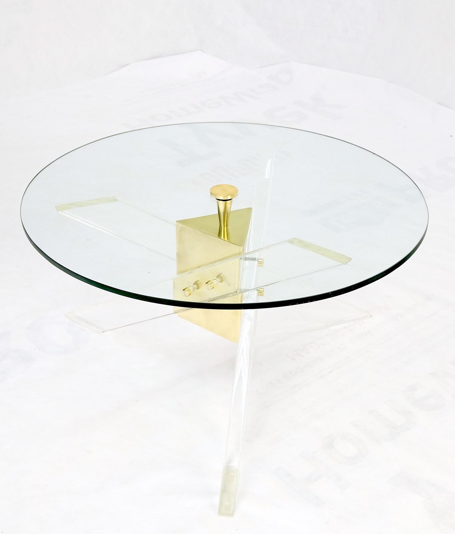 Brass & Lucite Round Glass Top Coffee Occasional Table Clean!