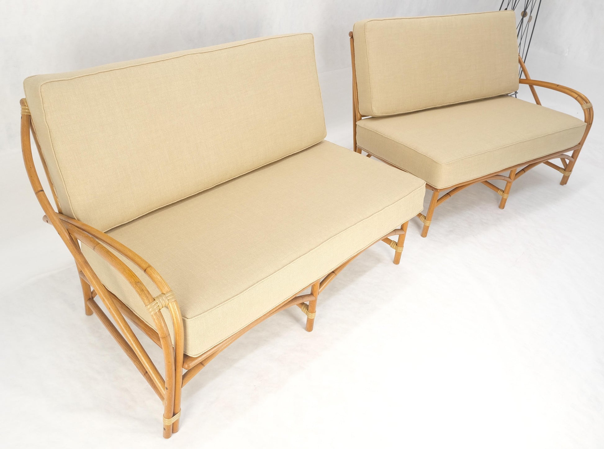 New Gold Linen Upholstery Bamboo 2 Part Sectional Sofa c1970s MINT!